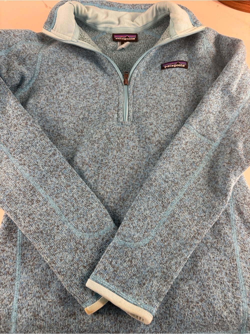 Patagonia Blue Heather Knit 1/4  zip Pullover with Logo Patch sz XS
